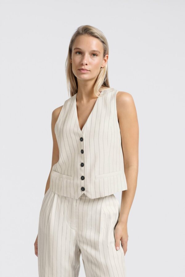 Yaya Weste Linen mix pinstripe gilet, SAND LINEN BEIGE DESSIN