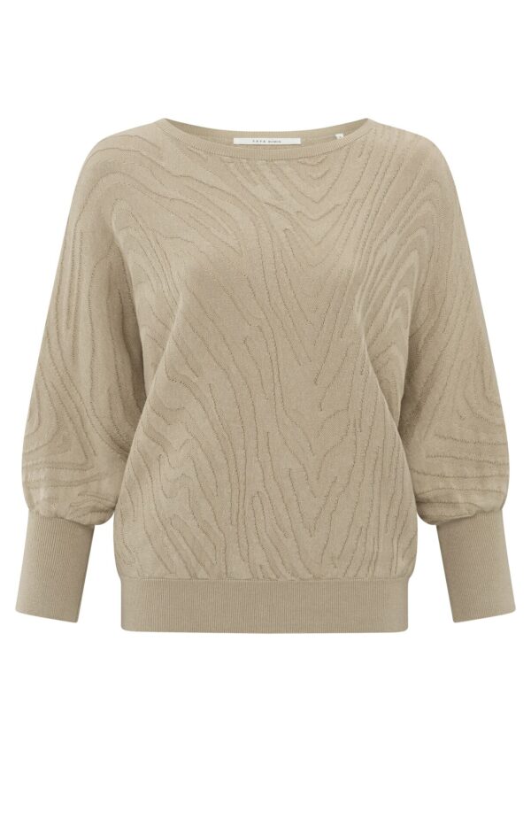 Yaya Pullover Boatneck jaquard sweater 3/4 s, HUMUS BEIGE