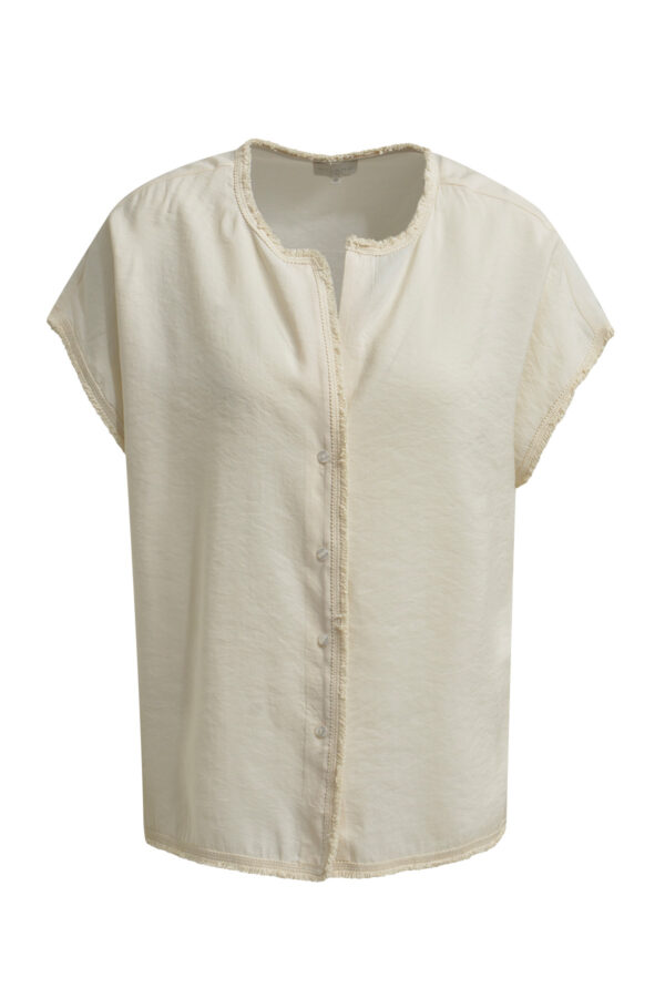 Milano Bluse sleeveless blouse w placket, fringe tape at edges