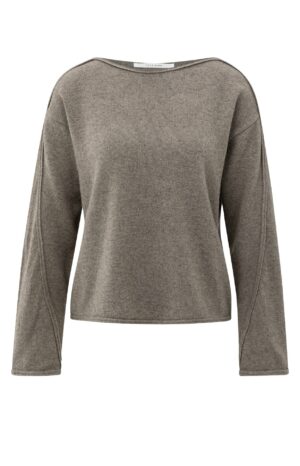 Yaya Pullover Boatneck sweater with fringes, BROWN MELANGE