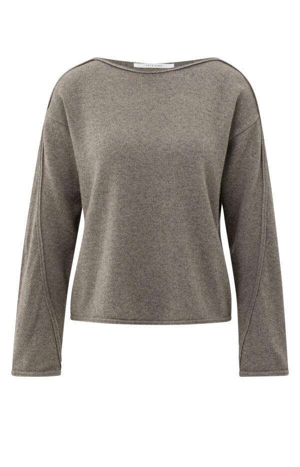 Yaya Pullover Boatneck sweater with fringes, BROWN MELANGE