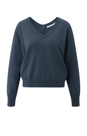 Yaya Pullover Double v-neck sweater with but, CHINA BLUE MELANGE