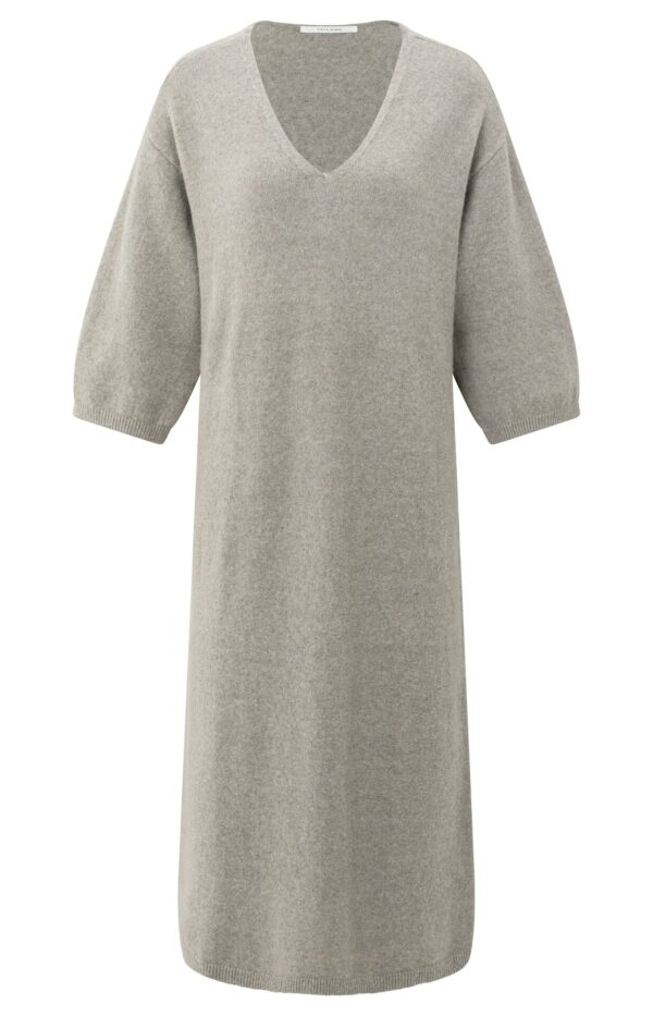 Yaya Kleid V-neck knitted dress short sle, BROWNISH GREY