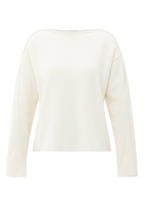 Yaya Pullover Boatneck sweater with fringes, OFF WHITE KNIT