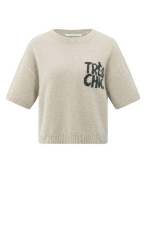 Yaya Pullover Short sleeve sweater with artw, BEIGE MELANGE