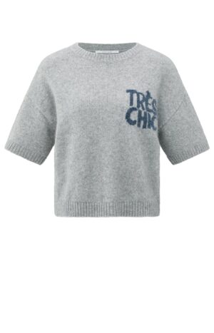 Yaya Pullover Short sleeve sweater with artw, LIGHT GREY